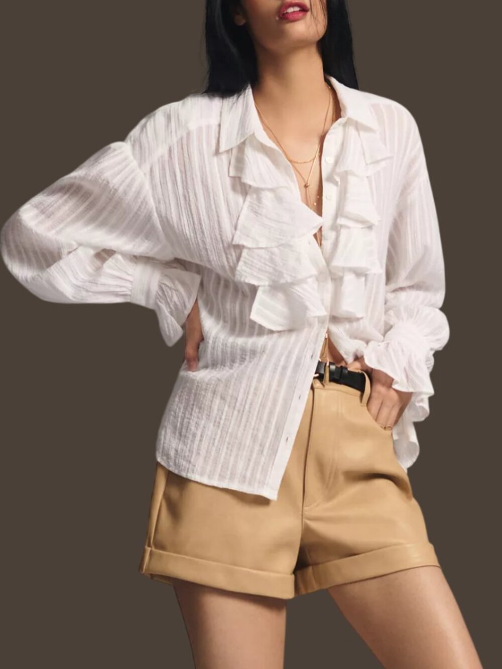 Anthropologie Ruffled Blouse Puff Sleeve  Sheer White Medium